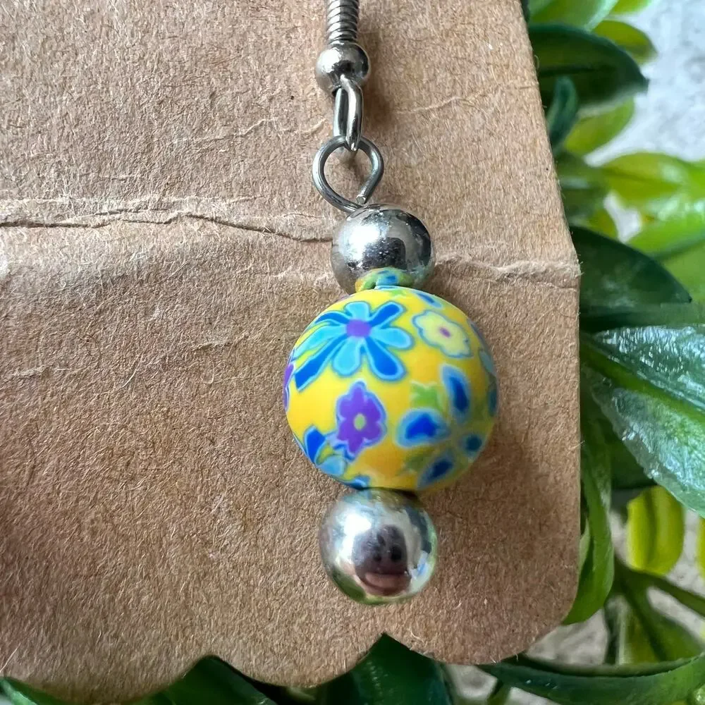 NEW Viva Beads Handmade Clay Round Yellow Floral Print Dangle Earrings